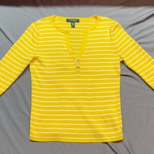 Lauren Ralph Lauren Yellow/White Striped Fitted Ribbed Henley Top Medium Petite